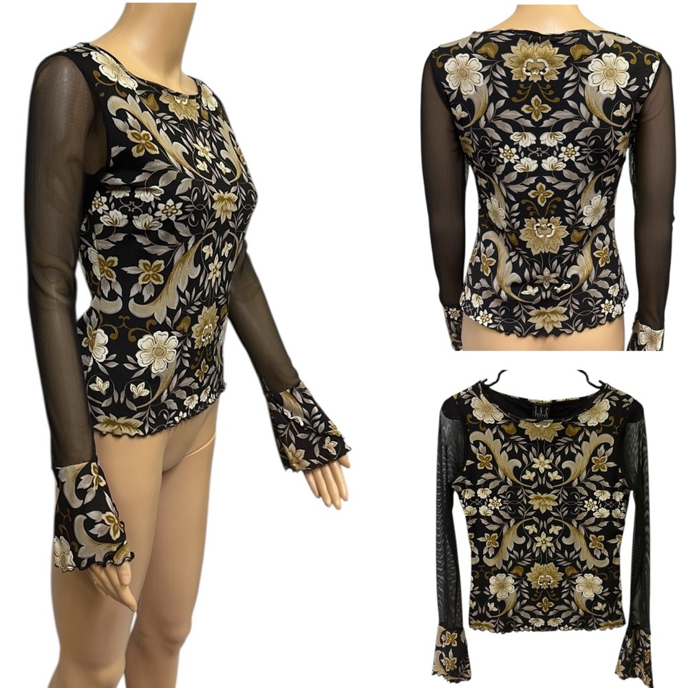 Inc International Concepts Floral Mesh Bell Cuff Long Sleeve Top Petite Medium